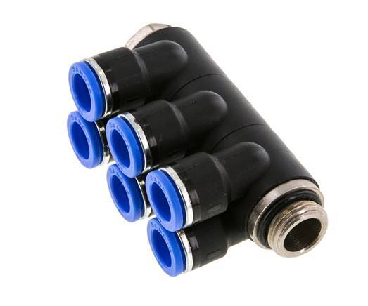10mm x G3/8'' 6-way Manifold Push-in Fitting with Male Threads Brass/PA 66 NBR Rotatable