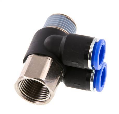 12mm x R1/2'' Double 90deg Elbow Push-in Fitting with Male-Female Threads Brass/PA 66 NBR Rotatable