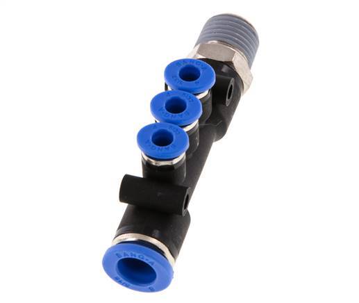4mm x 8mm x R1/4'' 3-way Manifold Push-in Fitting with Male Threads Brass/PA 66 NBR Rotatable