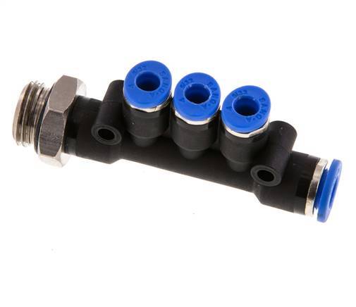 4mm x 6mm x G1/4'' 3-way Manifold Push-in Fitting with Male Threads Brass/PA 66 NBR Rotatable