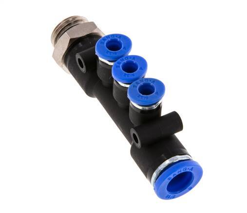 4mm x 8mm x G1/4'' 3-way Manifold Push-in Fitting with Male Threads Brass/PA 66 NBR Rotatable