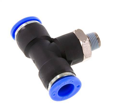 3/8'' x 1/8'' NPT Inline Tee Push-in Fitting with Male Threads Brass/PBT NBR Rotatable
