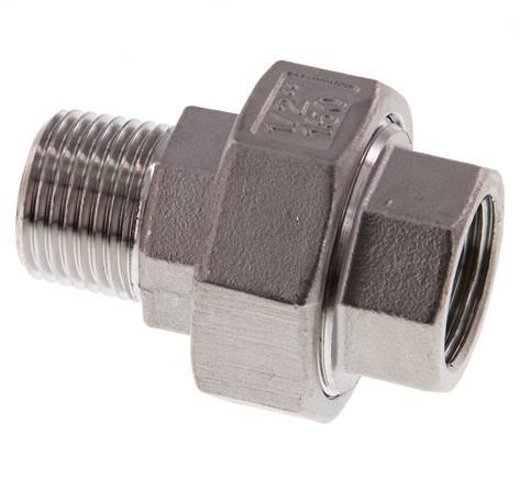 Rp 1/2'' x R 1/2'' F/M Stainless steel Double Nipple 3-pieces with Flat sealing 16 Bar