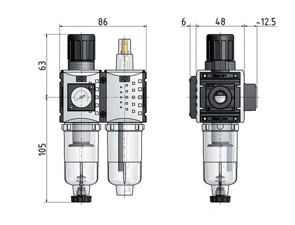 FRL 2-Part G1/4'' 800 l/min 0.5-8.0bar/7-116psi Auto 40 mm Pressure Gauge Polycarbonate Futura 0