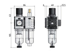 FRL 2-Part G1/4'' 800 l/min 0.5-8.0bar/7-116psi Auto 40 mm Pressure Gauge Polycarbonate Futura 0