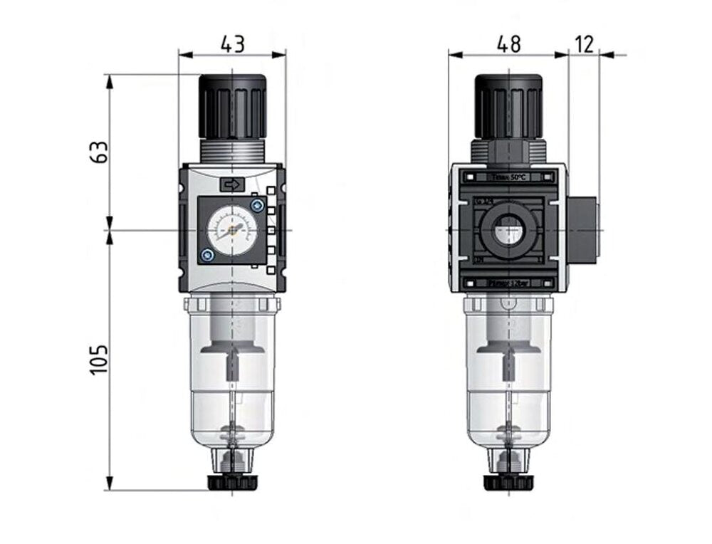 Filter-Regulator G1/4'' 1000 l/min 0.5-10.0bar/7-145psi Auto 40 mm Pressure Gauge Metal Futura 0