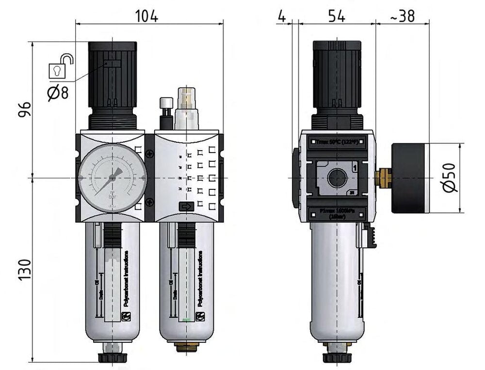 FRL 2-Part G3/8'' 1750 l/min 0.5-10.0bar/7-145psi Semi-Auto Polycarbonate Futura 1