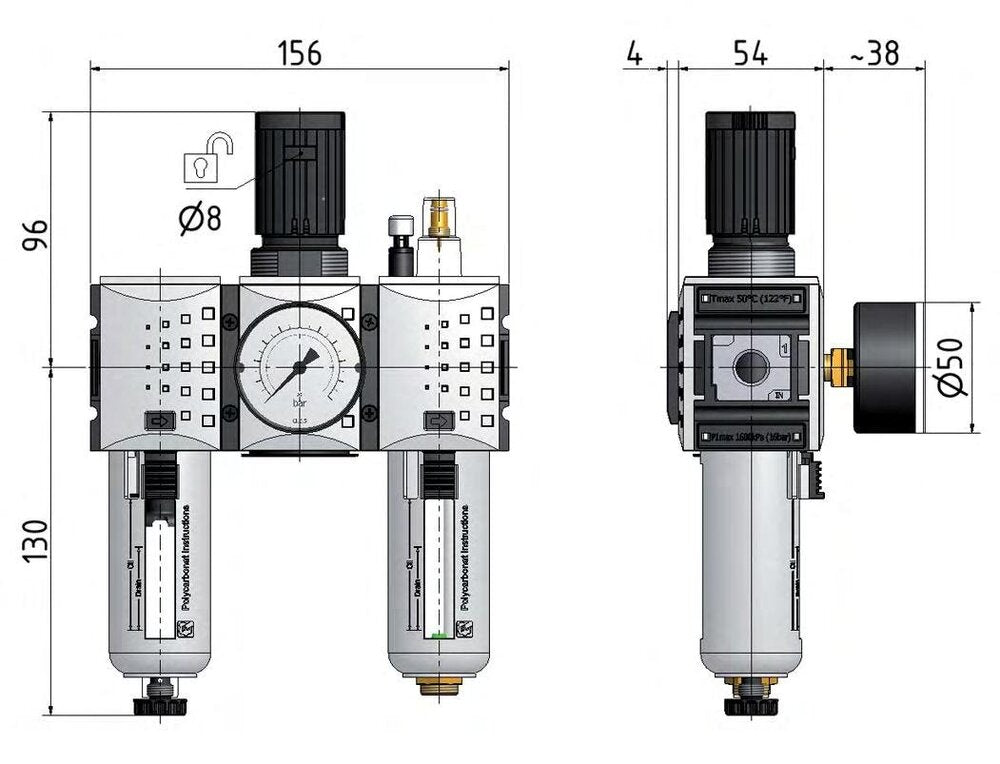 FRL 3-Part G3/8'' 1750 l/min 0.5-16.0bar/7-232psi Semi-Auto Polycarbonate Futura 1