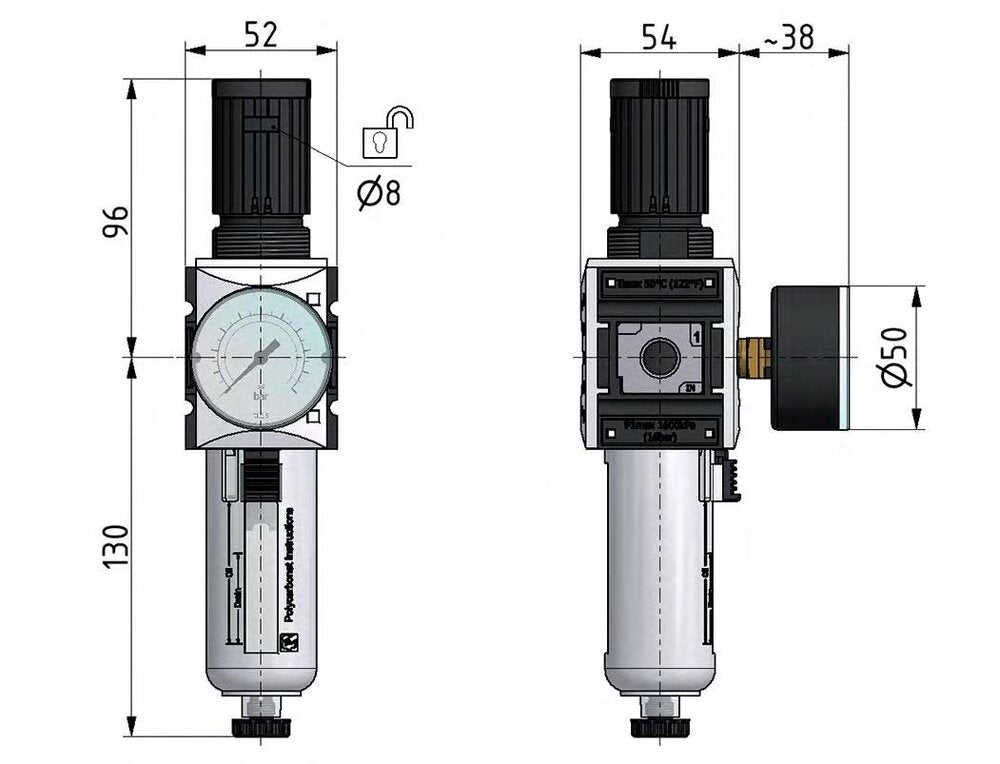 Filter-Regulator G3/8'' 2500 l/min 0.1-2.0bar/1-29psi Auto Polycarbonate Futura 1