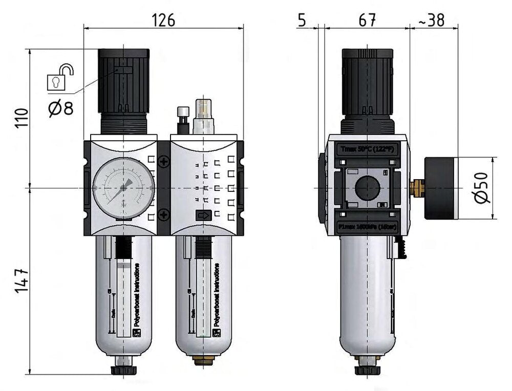 FRL 2-Part G1/2'' 3500 l/min 0.2-4.0bar/3-58psi Auto Polycarbonate Futura 2