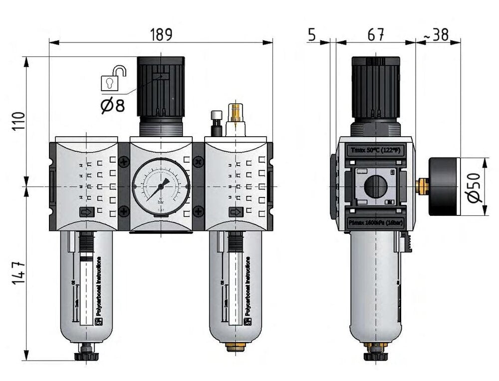 FRL 3-Part G3/8'' 3500 l/min 0.1-2.0bar/1-29psi Semi-Auto Polycarbonate Futura 2
