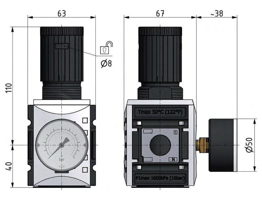 Pressure Regulator G3/8'' 5200 l/min 0.5-8.0bar/7-116psi PA Safety Futura 2