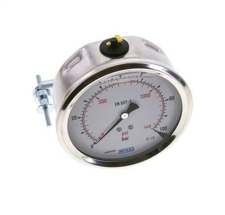 G1/2 Rear Connection Glycerine Pressure Gauge 0 to 100 bar 100mm WIKA