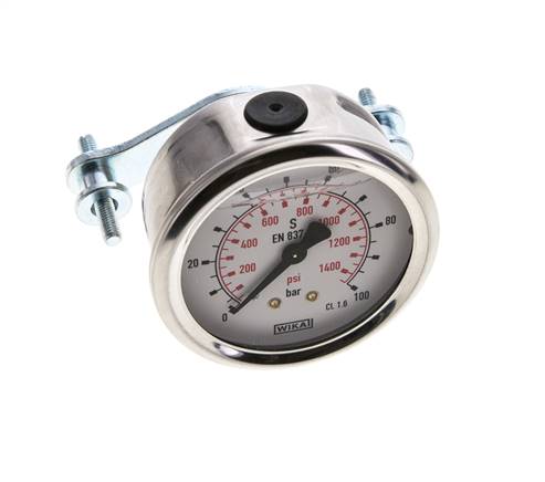G1/4 Rear Connection Glycerine Pressure Gauge 0 to 100 bar 63mm WIKA