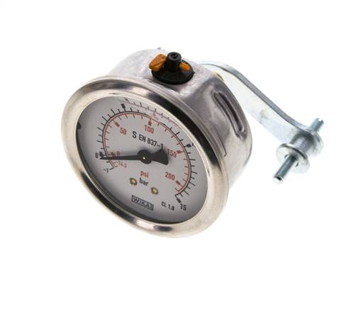 G1/4 Rear Connection Glycerine Pressure Gauge -1 to 15 bar 63mm WIKA