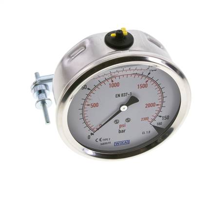 G1/2 Rear Connection Glycerine Pressure Gauge 0 to 160 bar 100mm WIKA