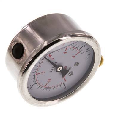 -1..0.6 Bar (-15..9 psi) Glycerin Pressure Gauge Below Stainless steel/Brass 63 mm Class 1.6