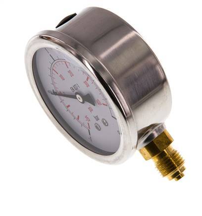 -1..3 Bar (-15..44 psi) Glycerin Pressure Gauge Below Stainless steel/Brass 63 mm Class 1.6