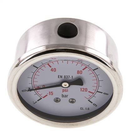 -1..9 Bar (-15..131 psi) Glycerin Pressure Gauge Rear Stainless steel/Brass 63 mm Class 1.6