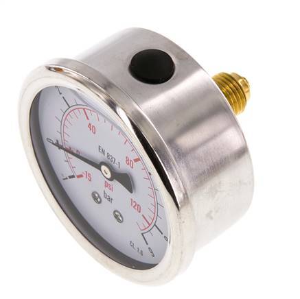 -1..9 Bar (-15..131 psi) Glycerin Pressure Gauge Rear Stainless steel/Brass 63 mm Class 1.6