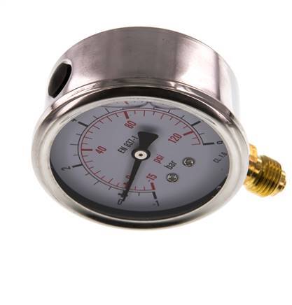 -1..9 Bar (-15..131 psi) Glycerin Pressure Gauge Below Stainless steel/Brass 63 mm Class 1.6