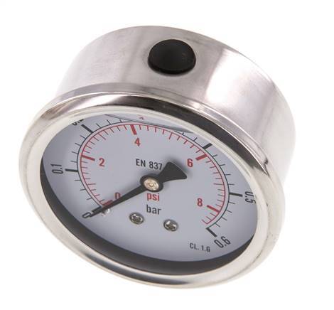 0..0.6 Bar (0..9 psi) Glycerin Pressure Gauge Rear Stainless steel/Brass 63 mm Class 1.6