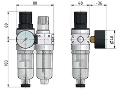 FRL 2-Part G1/4'' 700 l/min 0.2-6.0bar/3-87psi Semi-Auto 40 mm Pressure Gauge Metal Multifix 0