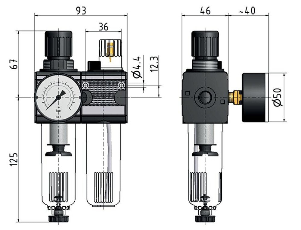 FRL 2-Part G1/4'' 1200 l/min 0.1-3.0bar/1-44psi Semi-Auto Polycarbonate Multifix 1