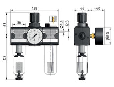 FRL 3-Part G3/8'' 1200 l/min 0.2-6.0bar/3-87psi Semi-Auto Polycarbonate Multifix 1