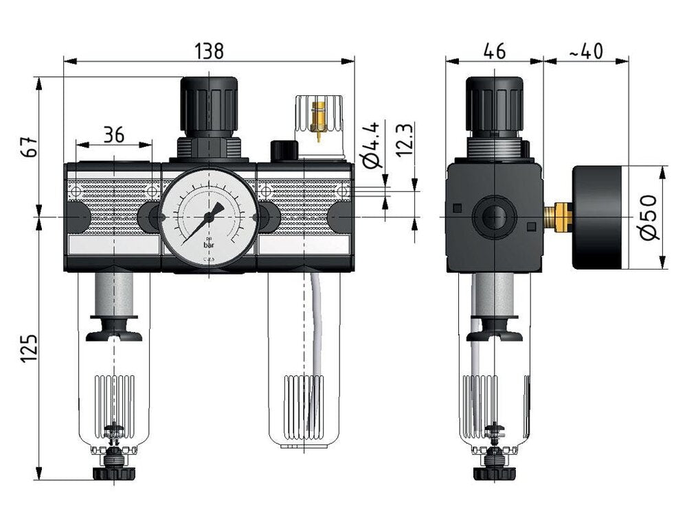 FRL 3-Part G1/4'' 1200 l/min 0.5-10.0bar/7-145psi Semi-Auto Polycarbonate Multifix 1
