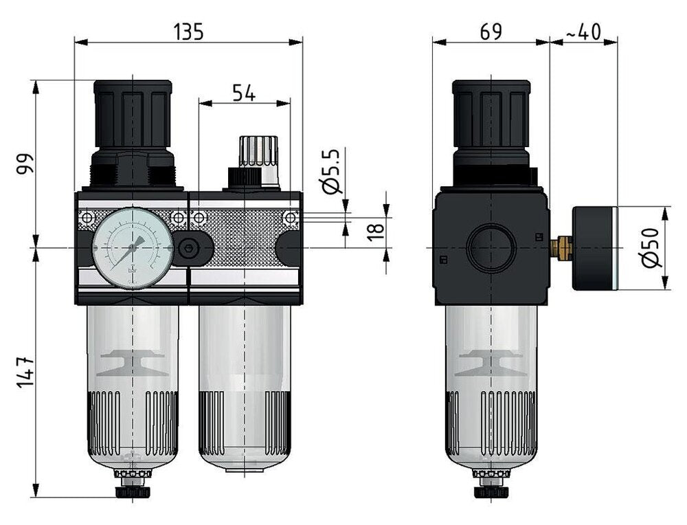 FRL 2-Part G1/2'' 5800 l/min 0.5-10.0bar/7-145psi Auto Polycarbonate Multifix 2