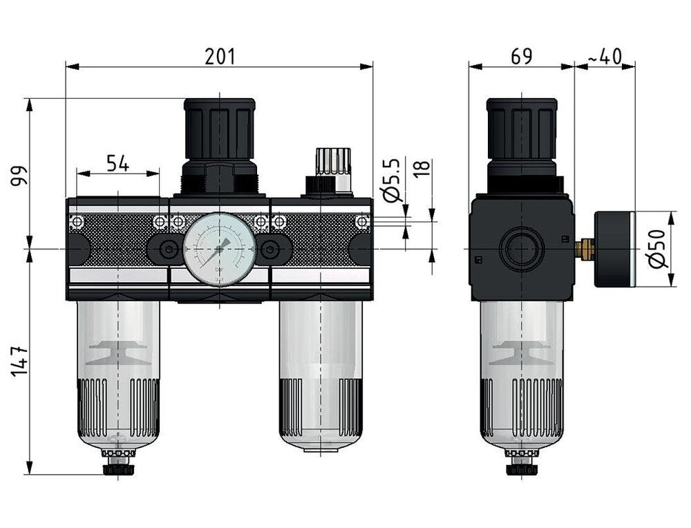FRL 3-Part G1/2'' 5800 l/min 0.5-10.0bar/7-145psi Semi-Auto Polycarbonate Multifix 2