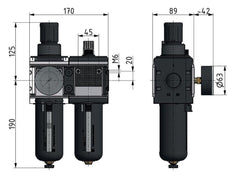FRL 2-Part G3/4'' 12000 l/min 0.5-10.0bar/7-145psi Semi-Auto Metal Multifix 4