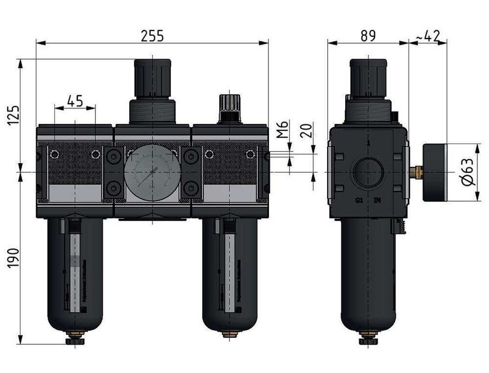FRL 3-Part G1'' 12000 l/min 0.1-3.0bar/1-44psi Semi-Auto Polycarbonate Multifix 4