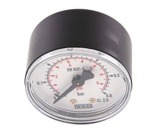 0..0.6 Bar (0..9 psi) Pressure Gauge Rear Plastic/Brass 50 mm Class 2.5