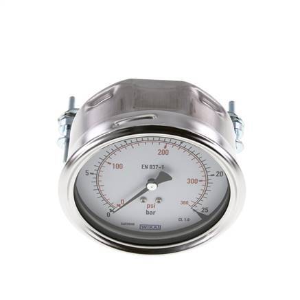 0..25 Bar (0..363 psi) Panel Mount Pressure Gauge Steel/Brass 100 mm Class 1.0 (Bracket)