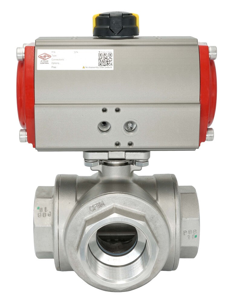 3-Way Pneumatic Ball Valve G1 1/4'' L-bore Brass Spring Opening