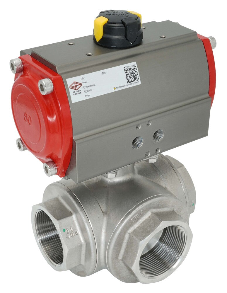 3-Way Pneumatic Ball Valve G1'' L-bore Brass Spring Opening