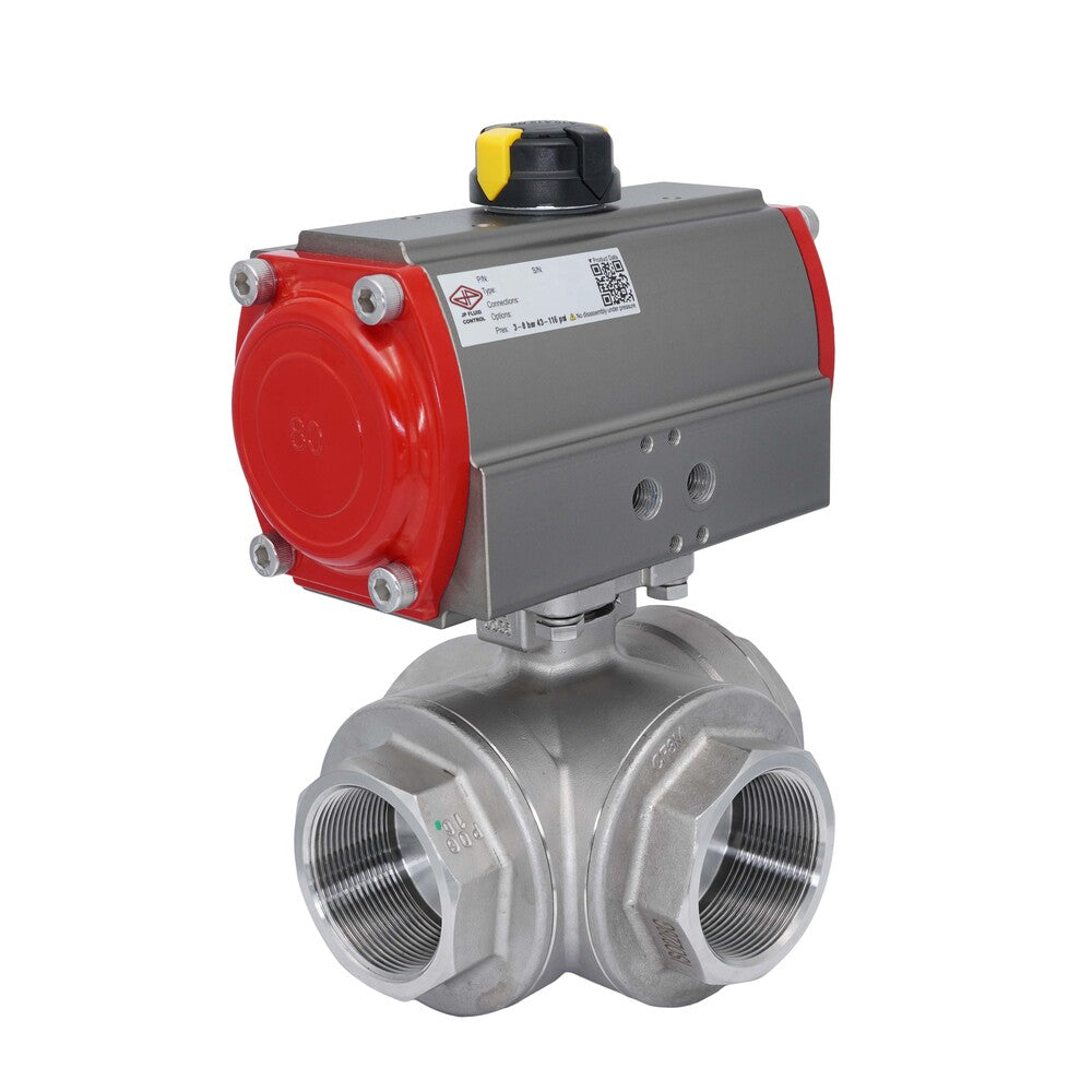 3-Way Pneumatic Ball Valve G2'' L-bore Stainless Steel Spring Closing