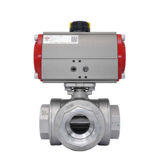 3-Way Pneumatic Ball Valve G2'' T-bore Stainless Steel Spring Closing