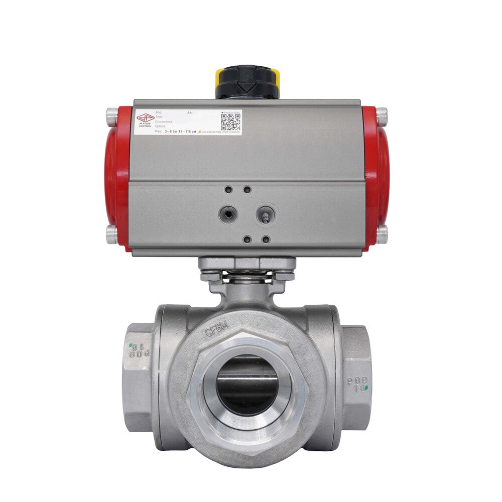3-Way Pneumatic Ball Valve G3'' L-bore Stainless Steel Spring Closing