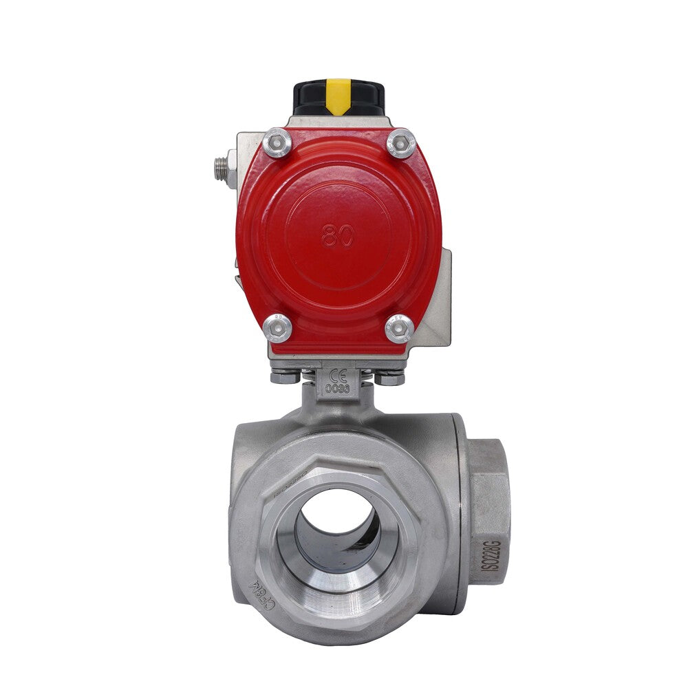 3-Way Pneumatic Ball Valve G2 1/2'' T-bore Stainless Steel Double Acting