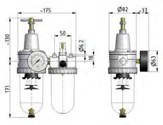 FRL 2-Part G1/2'' 2100 l/min 0.5-10.0bar/7-145psi Auto Polycarbonate Standard 3