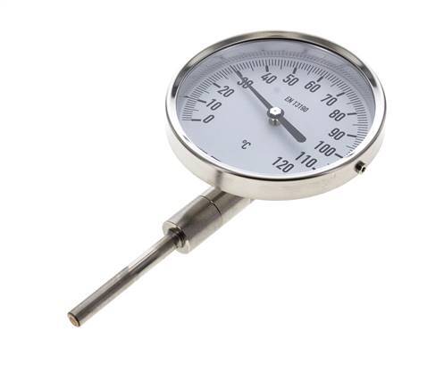 0 to +120°C Stainless Steel Bimetallic Thermometer 100mm Cabinet 63mm Stem Bottom