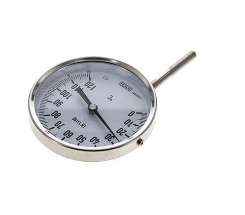 0 to +120°C Stainless Steel Bimetallic Thermometer 100mm Cabinet 63mm Stem Bottom