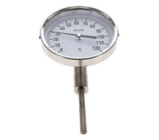0 to +120°C Stainless Steel Bimetallic Thermometer 100mm Cabinet 63mm Stem Bottom