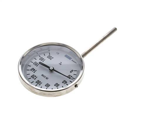 0 to +200°C Stainless Steel Bimetallic Thermometer 100mm Cabinet 100mm Stem Bottom