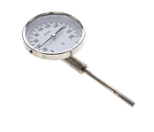 0 to +200°C Stainless Steel Bimetallic Thermometer 100mm Cabinet 100mm Stem Bottom