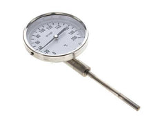 0 to +200°C Stainless Steel Bimetallic Thermometer 100mm Cabinet 100mm Stem Bottom