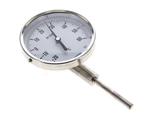 -20 to +60°C Stainless Steel Bimetallic Thermometer 100mm Cabinet 63mm Stem Bottom